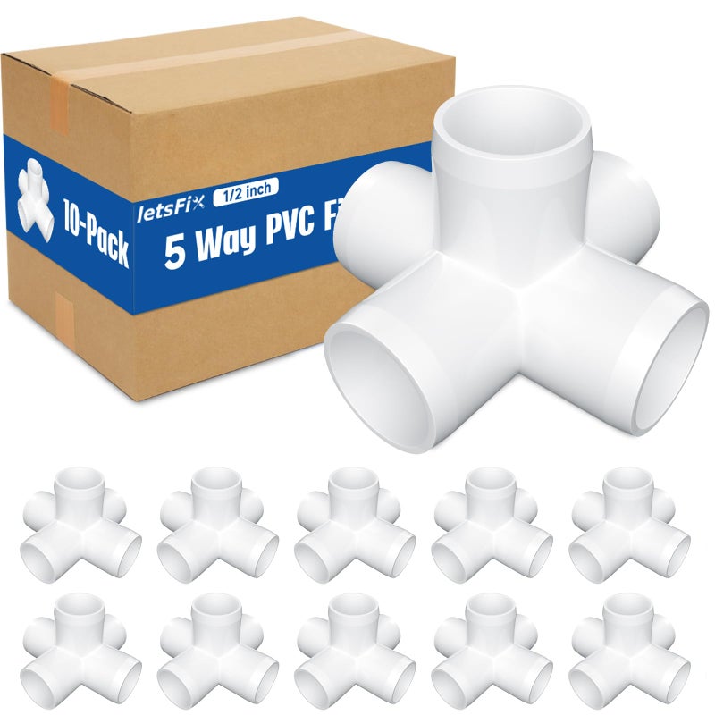 letsFix 1/2" PVC Fittings 5 Way (10-Pack) Furniture Grade, Elbow Connector, Heavy Duty for DIY Furniture, Frames, UV Resistant - Compatible with 1/2" Schedule 40 PVC Pipesâ€Œ - Image 1